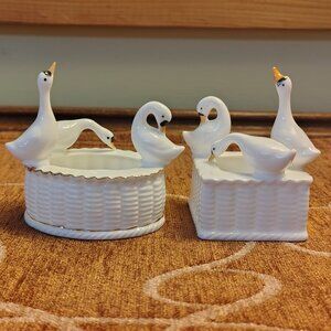 Vtg Set 2 Bone China Geese Duck Trinket Woven Nest Oval Gold Trimmed Square